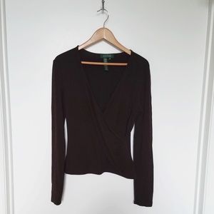 Lauren RL || Dark Brown Long Sleeve Wrap Top ||